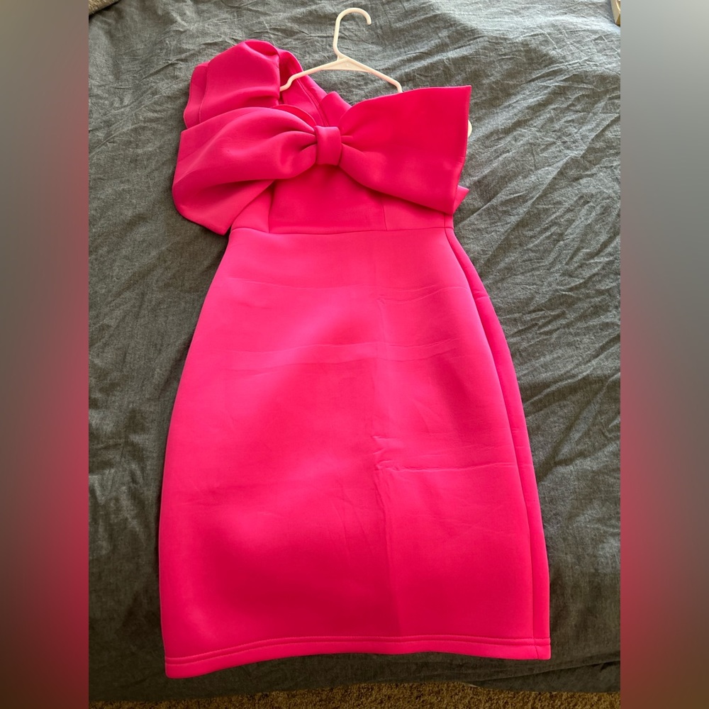 Pink bow tie one shoulder dress